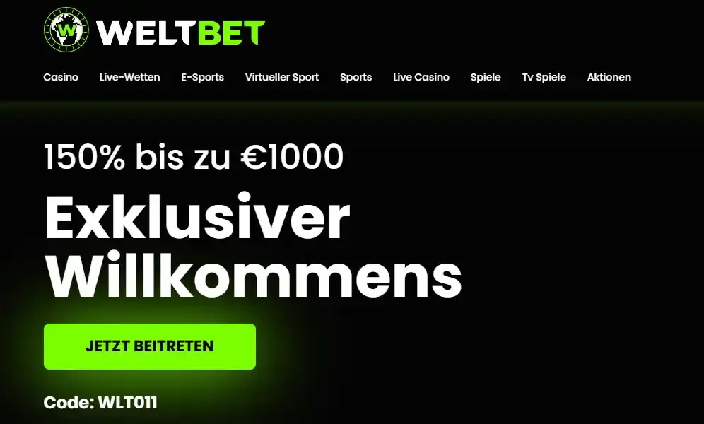 Aktuelle deutsche WELTBET-Bonusseite mit Willkommensangebot und Bonuscode WLT011