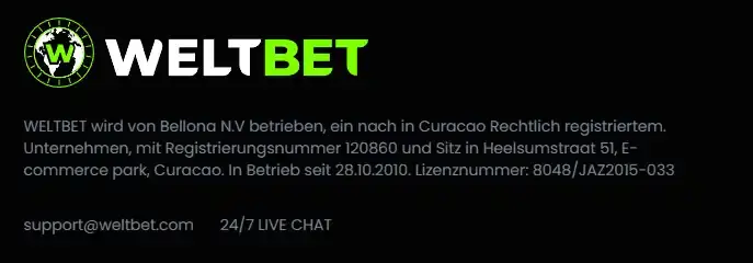 Aktuelle WELTBET-Oberfläche im Kontext von Betreiber- und Lizenzangaben