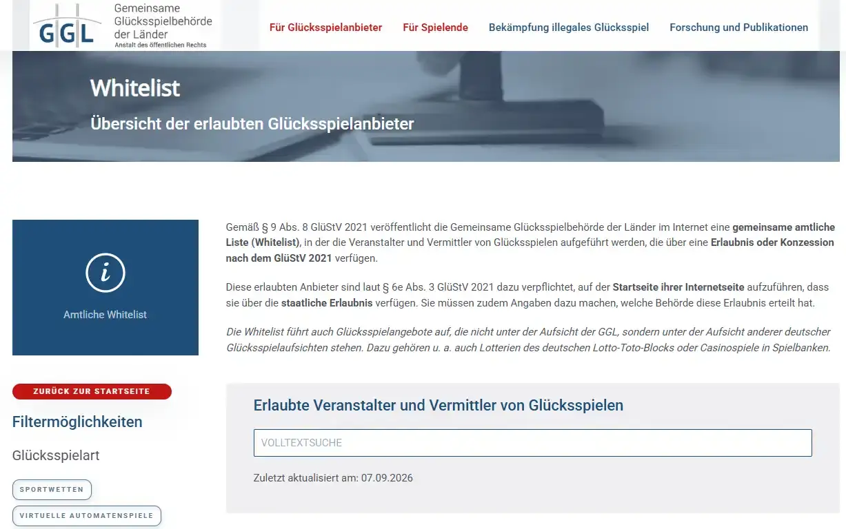Amtliche GGL-Whitelist für erlaubte Glücksspielanbieter in Deutschland