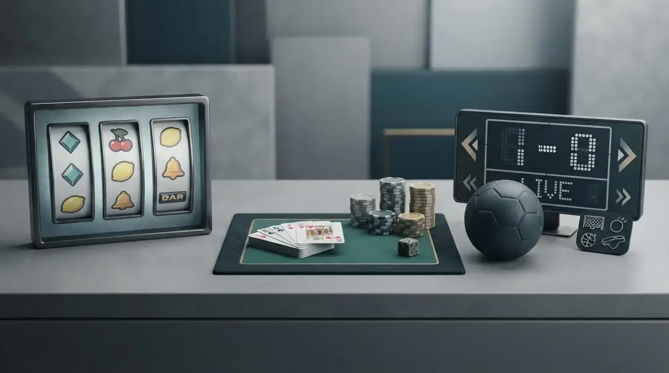 Editoriale Illustration mit Spielkarten, Spielautomaten-Symbolik und Sportelementen ohne Markenlogos