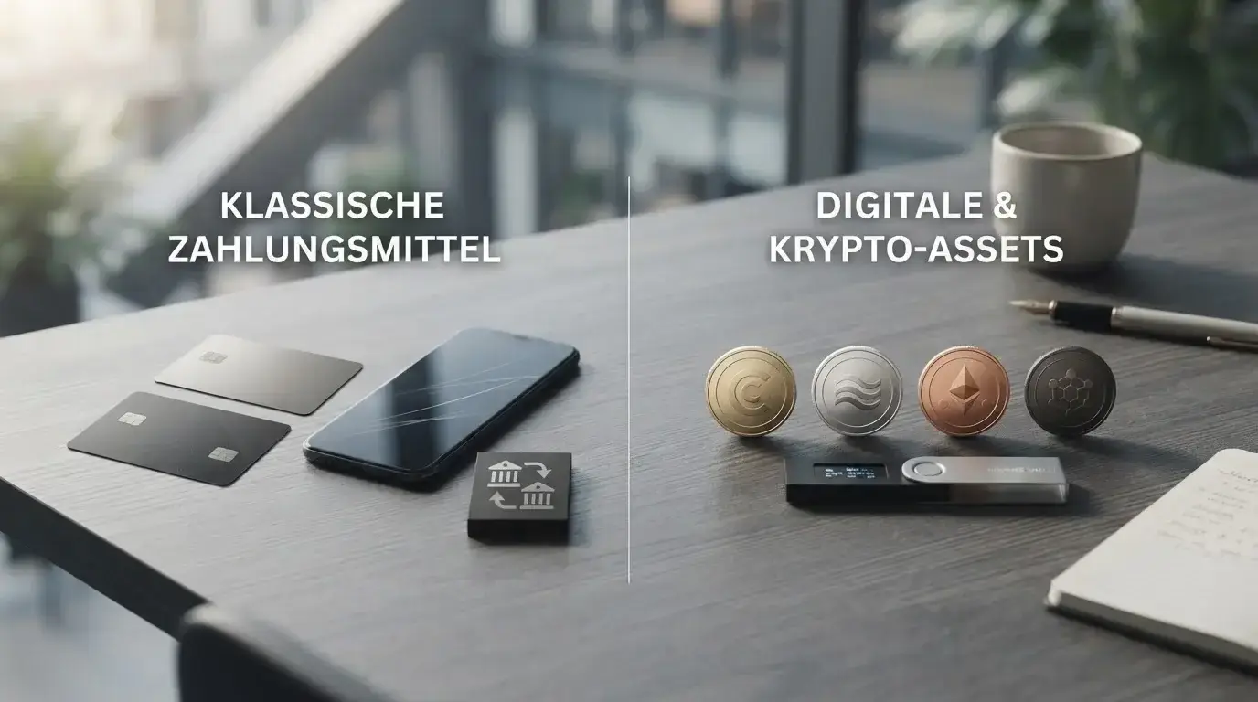 Editoriale Illustration zu Karten, E-Wallets, Banküberweisungen und Kryptowährungen als Zahlungsarten